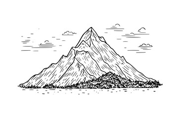 Vintage Mountain Landscape Sketch: Hand-Drawn Vectror Illustration of Rocky Peaks.