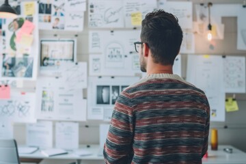 Fototapeta premium Rear view of young male designer standing in office and looking at camera