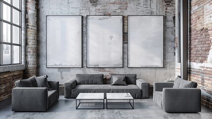 Presenting mock-up posters, frames, and canvas within a vintage hipster loft interior background. Rendered in 3D.