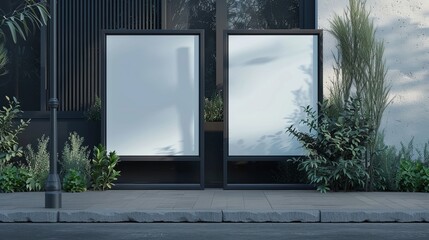 Rendered in 3D, a blank mock-up signboard awaits customization.