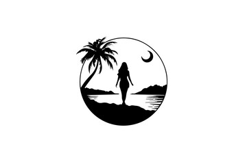 Moon Escape: Tropical Beach Resort, Palm and Girl Vector Logo Design.