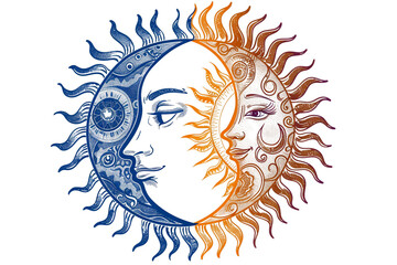 Sun and moon with intricate patterns