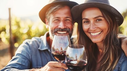   A man and a woman smile at the camera, each holding a glass of wine Behind them, a vineyard stretches out