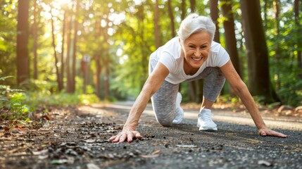   An older woman performs push-ups in a forest trail, surrounded by trees - Powered by Adobe