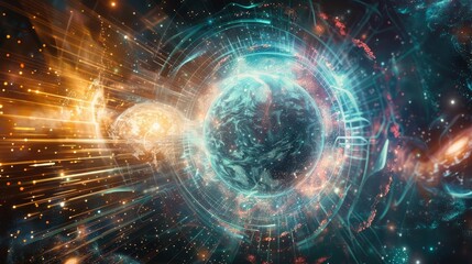 Creative fantastic of technology using quantum computing for instant global communication, depicted in futuristic style, designed with a sharpen Cinematic for banner