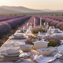 Fototapeta premium Delight in the serene ambiance of a farmtotable dinner set in a lavender field at sunset