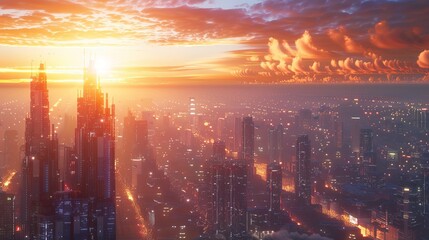 Fototapeta premium Rendering of a future mega city complex bathed in the warm light of sunset, representing a smart city and data center city in a sci-fi style futuristic setting.