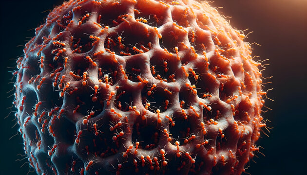 Close-Up of Red Ants Swarming on a Textured Organic Sphere