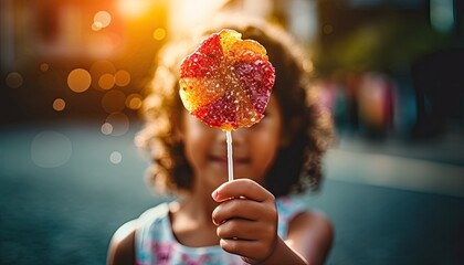A young girl holding a colorful fruit lollipop in her hand