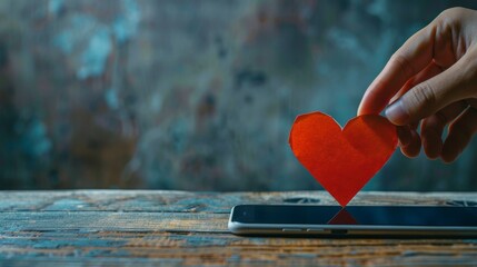 This creative collage represents dating, likes, and donations. It shows a human hand putting a heart on top of a smartphone.