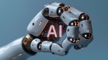 Robot Hand Holding Icon on Light Blue Background in Sleek,Minimalist 3D Render Style