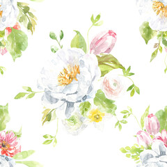 Watercolor peony seamless pattern, spring flowers green clipart, tulip, rose, leaves. , scrapbooking,wallpaper,wrapping, gift,paper, for clothes, children textile,digital paper, floral drop, pattern