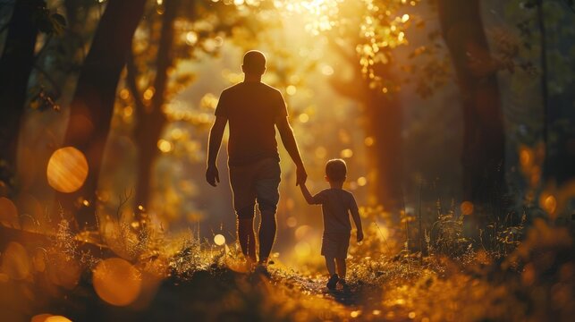 father and little son holding hands in sunlight. in summer forest nature outdoor, trust, protecting, care, parenting family concept. road to life . imagination of child dreaming