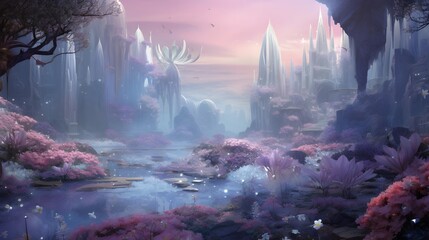 Fantasy landscape with a pond and a mountain in the background.