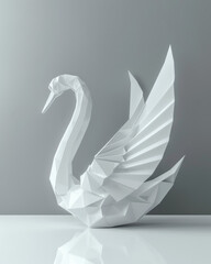 3D rendered beautiful swan origami, ad mockup isolated on a white and gray background.