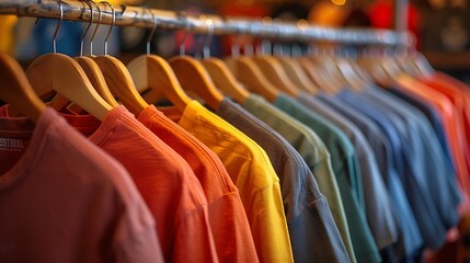 a vibrant and colorful selection of t-shirts hanging neatly in a row on wooden hangers