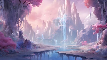 Fantasy landscape with mountains, trees and waterfalls. 3d illustration