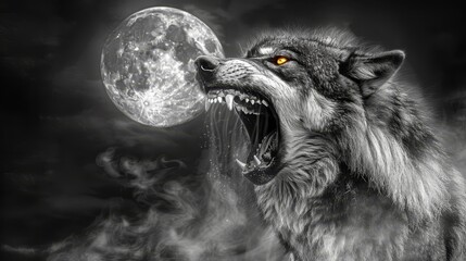   A wolf with its mouth agape before the full moon - obrazy, fototapety, plakaty