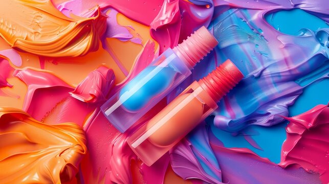 Lip balms tenderly wrapped in a highspeed action cosmetic scene, displayed against a colorful backdrop that suggests everyday use, with a luxury style sharpened for visual impact