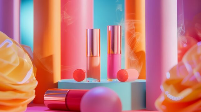 Lip balms tenderly wrapped in a highspeed action cosmetic scene, displayed against a colorful backdrop that suggests everyday use, with a luxury style sharpened for visual impact