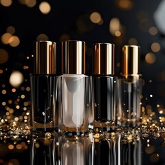 Nail polish removers elegantly displayed in a luxury cosmetic background, their essential function presented in classic styles with a gold color, sharply focused for a banner