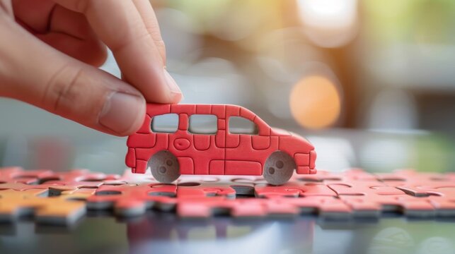 This concept shows the hand inserting the last piece into a puzzle which looks like a car. It shows car buying, repair, and warranty services.