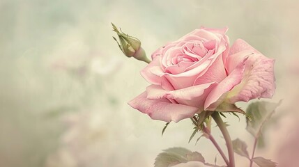 A lovely pink rose stands out against a soft, hazy backdrop.