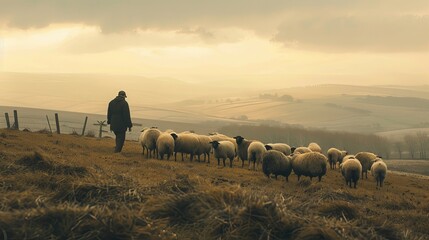 A man is checking sheep in a farm on a hill.
