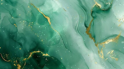 Watercolor background created with green paints spilled on paper, adorned with golden shiny veins and liquid marble texture, offering a luxurious wallpaper suitable for design, print, and invitations.