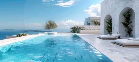 luxury swimming pool in santorini. 3d rendering. SUNSHINE ESTETIC