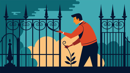 With a keen eye for detail a restoration spet carefully restores the decaying wroughtiron railings and balustrades on an old mansion.. Vector illustration