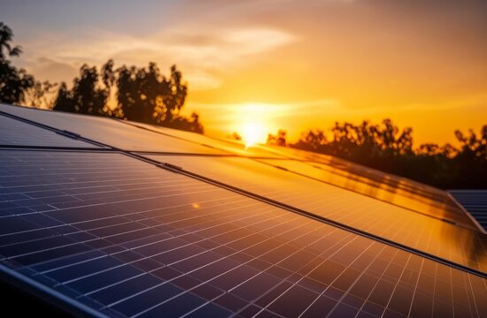 Photovoltaic solar panels producing clean energy against a vibrant sunset backdrop, harnessing sustainable power for the environment
