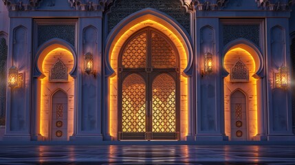 Captivating golden Islamic doorway illuminated by ethereal light radiating warmth and mystique