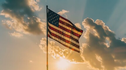 Close-up of an American flag fluttering boldly against an isolated sky background, symbolizing patriotism during a cross-country road trip