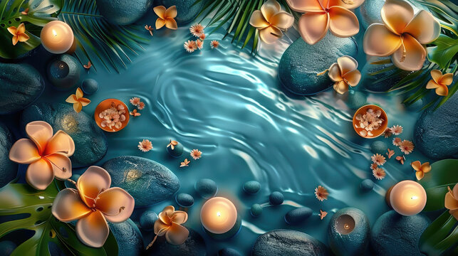 The calm of a garden spa treatment featuring aromatic flowers, soothing water flow, and tranquil candles, enhancing wellness and skin care.