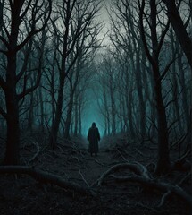 a man walks through a dark forest with a blue light on the bottom