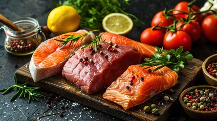 Raw food healthy foods selection for Carnivore diet Salmon fish Steak, Chicken meat, Chicken liver, Beef meat Steak on dark background healthy food