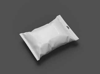 Realistic 3d rendered package for food snack, chips, cookies, peanuts, candy on a dark background