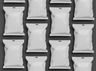 Realistic 3d rendered package for food snack, chips, cookies, peanuts, candy on a dark background