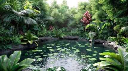 A lush green jungle with a pond full of lilies
