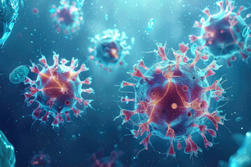 Immune cells deploying cytokines and antibodies to combat viral infections, highlighting key defense mechanisms in immunology.