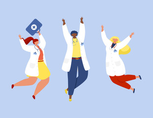 Three doctors in white coats jumping and celebrating on a blue background
