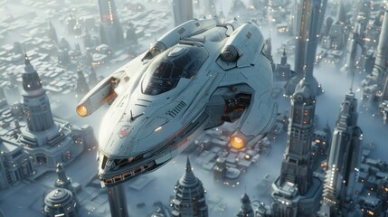 Fototapeta premium Sci fi ship in futuristic city. Aerial view. 3d rendering. 3D Illustration Generative AI,