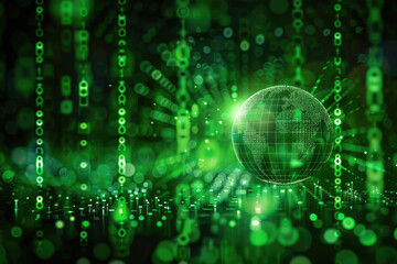Fototapeta premium A digital globe encircled by flowing binary code illustrates the concept of global interconnectedness and the expansive reach of modern technology.