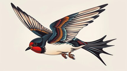 Classic tattoo design of a swallow in flight, styled with thick outlines and bold colors typical of traditional tattooing, against a clear isolated backdrop