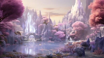 Beautiful fantasy landscape with a pond and a fountain in the park