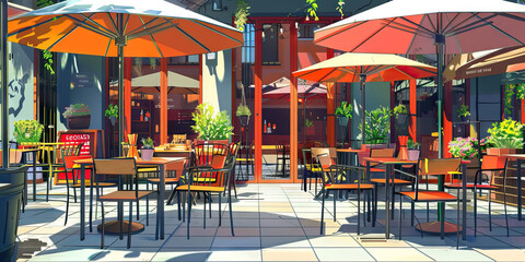 Outdoor Dining Area Floor: Featuring outdoor seating, umbrellas, and tables for customers dining outside the restaurant