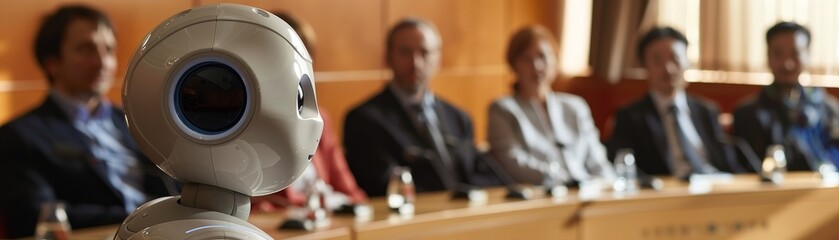 A robot experiencing its first job interview, facing a panel of human executives, a blend of anxiety and hope, stock photographic style