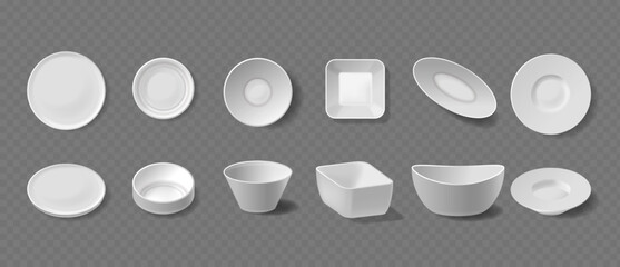 Assortment Of White Plates And Bowls In Various Shapes And Sizes. Realistic 3d Vector Tableware Collection