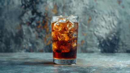 Cola with ice cubes in a glass on a dark background, selective focus